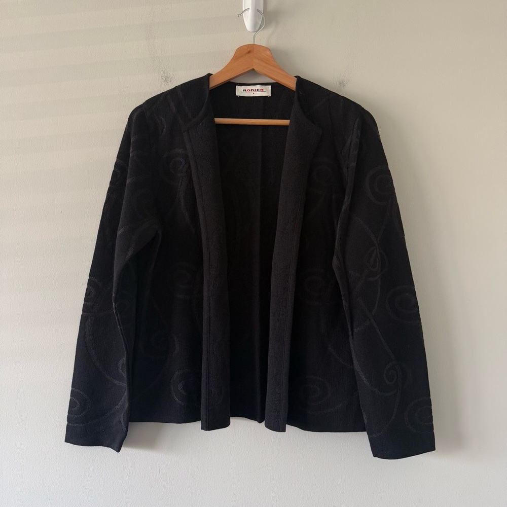 Rodier Open Front Whimsy Cardigan Womens 42 Large Wool Blend Black Retro